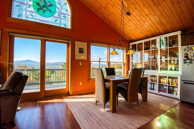 58 Wheeler Hill Rd, Phillips, ME 04966 - dining area featuring a mountain view, high vaulted ceiling, healthy amount of natural light, wood finished floors, and wood ceiling