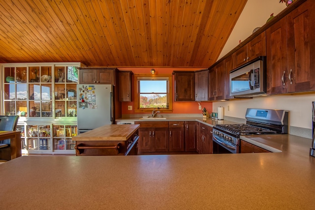 58 Wheeler Hill Rd, Phillips, ME 04966 - kitchen with stainless steel appliances, a sink, wooden ceiling, and light countertops