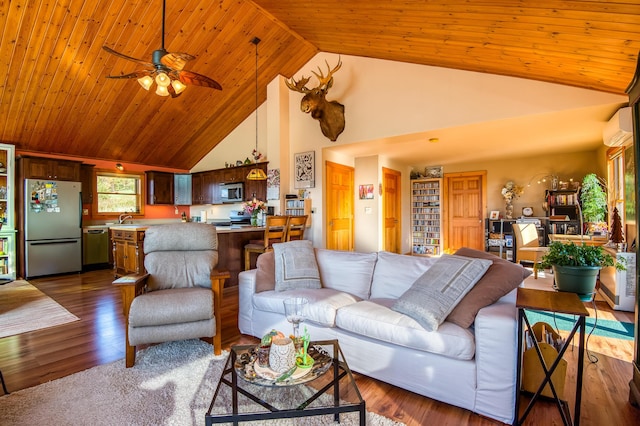 58 Wheeler Hill Rd, Phillips, ME 04966 - living room featuring high vaulted ceiling, wooden ceiling, a wall mounted air conditioner, ceiling fan, and dark wood-style floors