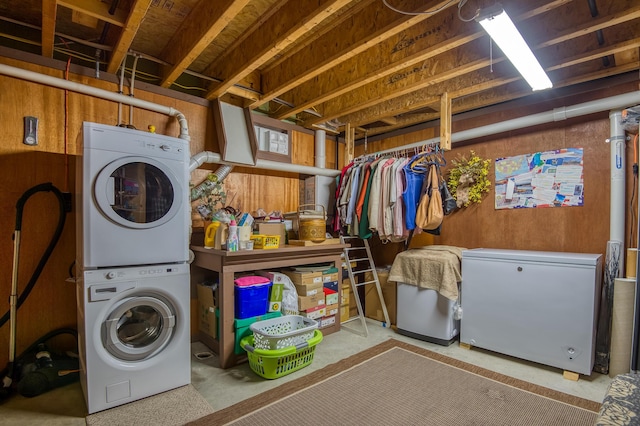 58 Wheeler Hill Rd, Phillips, ME 04966 - laundry room with stacked washer / drying machine