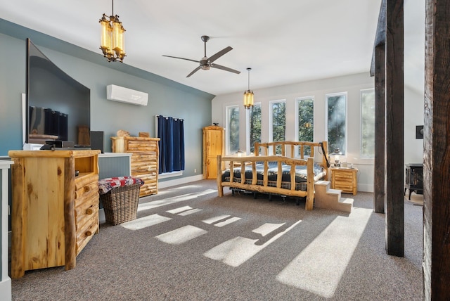 carpeted bedroom featuring a wall mounted air conditioner, baseboards, and a notable chandelier