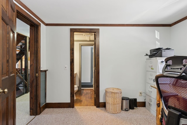 home office with carpet, baseboards, and ornamental molding