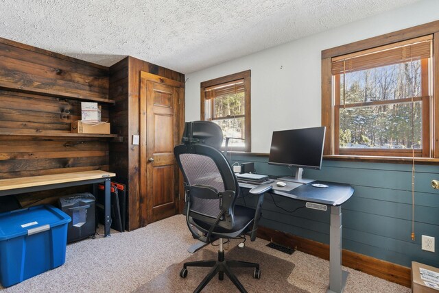 office area featuring a textured ceiling and carpet