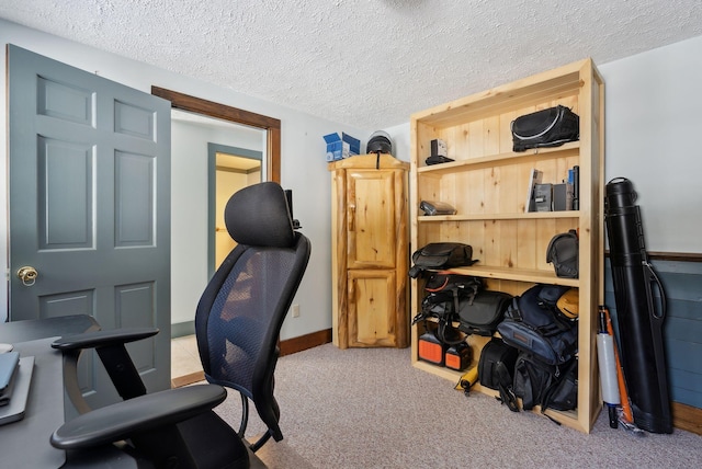 carpeted office with a textured ceiling and baseboards