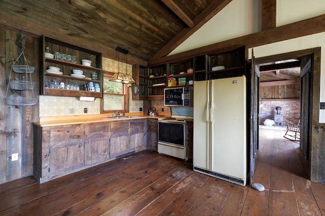 kitchen with white appliances, butcher block countertops, lofted ceiling with beams, wooden ceiling, and pendant lighting