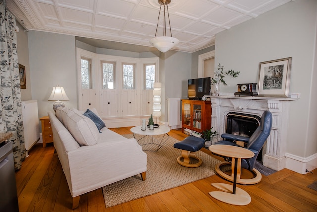 living room featuring hardwood / wood-style floors and coffered ceiling