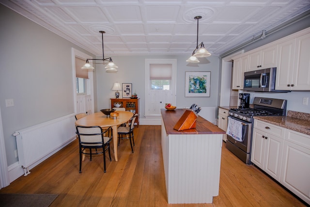 kitchen with radiator, light hardwood / wood-style floors, appliances with stainless steel finishes, and hanging light fixtures