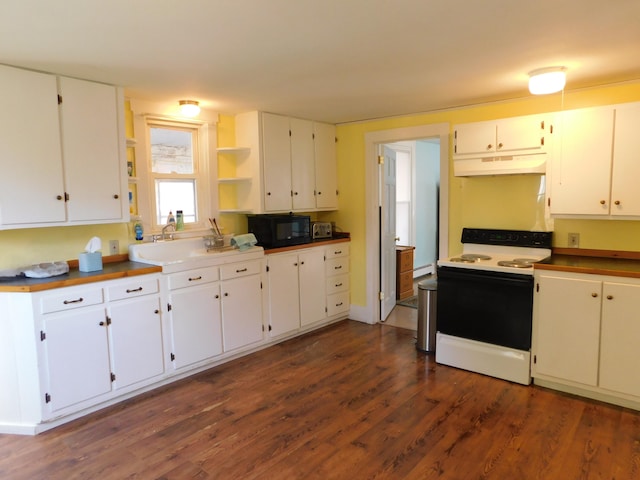 kitchen with white cabinetry, baseboard heating, white range with electric cooktop, and dark wood-type flooring