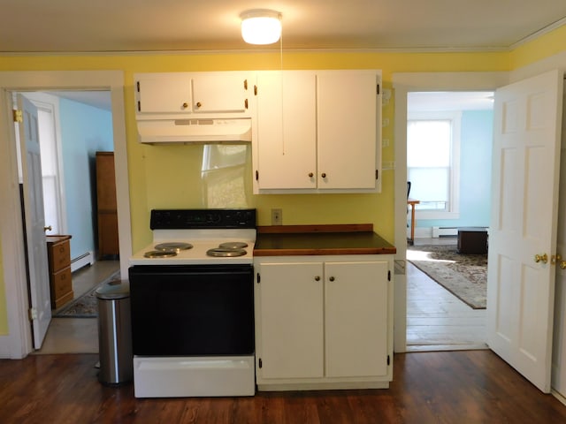 kitchen with white cabinets, dark hardwood / wood-style floors, and white electric range oven