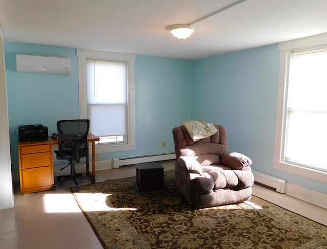 living area featuring a wall unit AC, a baseboard radiator, and a wealth of natural light