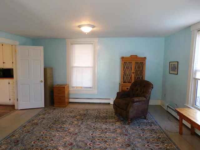 living area featuring a baseboard heating unit and plenty of natural light