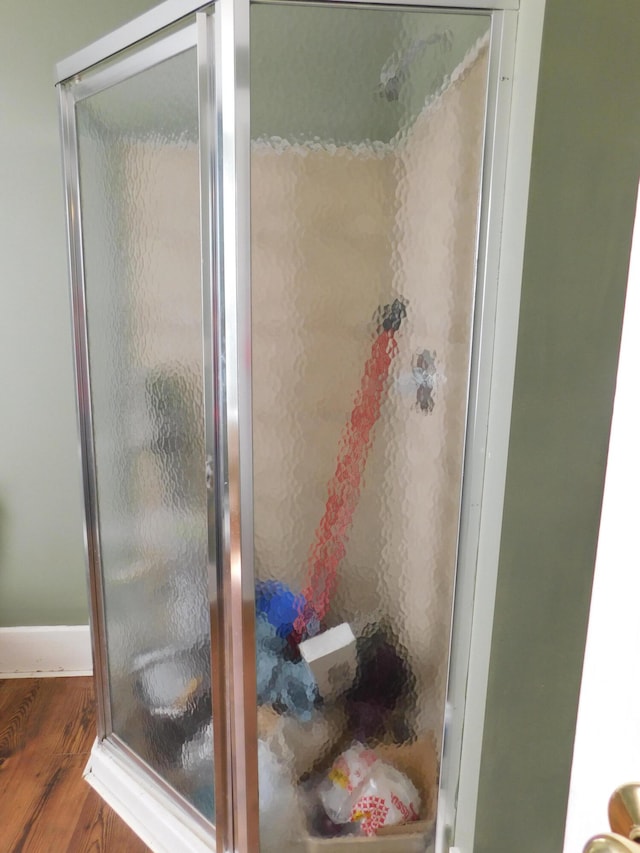 bathroom featuring an enclosed shower and wood-type flooring