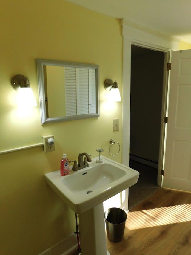 bathroom featuring baseboard heating and hardwood / wood-style flooring