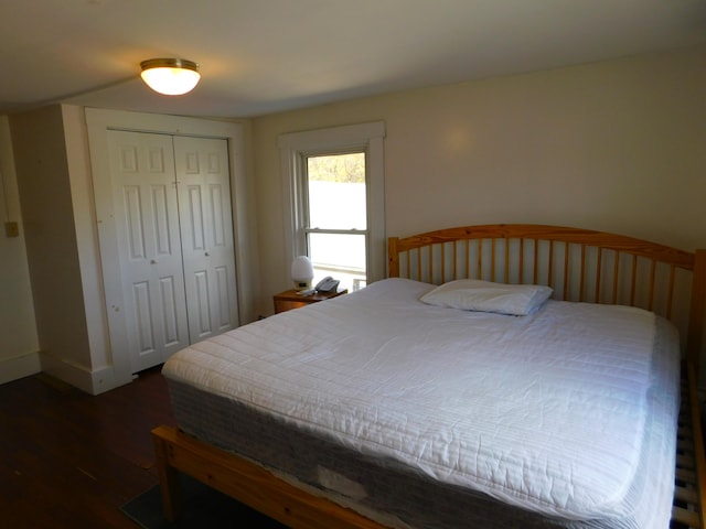 bedroom featuring dark wood-type flooring and a closet