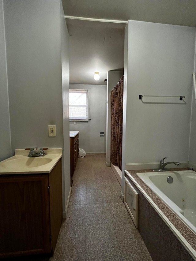 bathroom with vanity and plus walk in shower