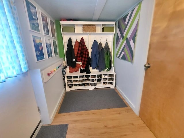 mudroom with baseboards and wood finished floors