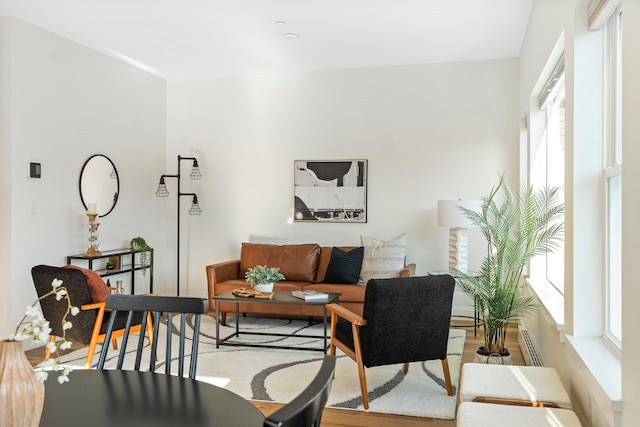 living room with a wealth of natural light and light hardwood / wood-style floors