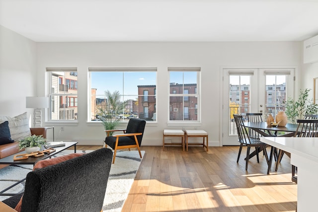 living room featuring french doors and light wood-type flooring