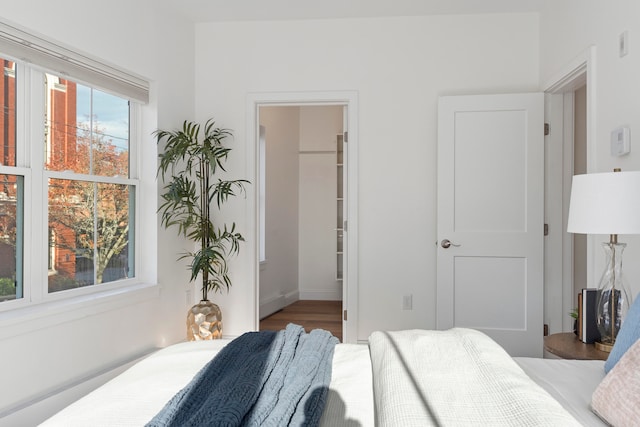 bedroom with hardwood / wood-style flooring, a closet, and a walk in closet