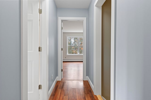 hall featuring wood-type flooring and a baseboard heating unit