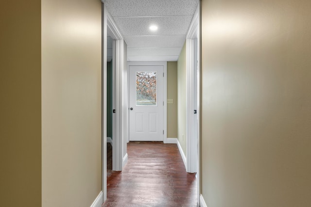 hall with hardwood / wood-style floors and a paneled ceiling