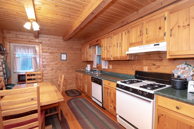 kitchen featuring white appliances, wood ceiling, hardwood / wood-style floors, beamed ceiling, and wooden walls