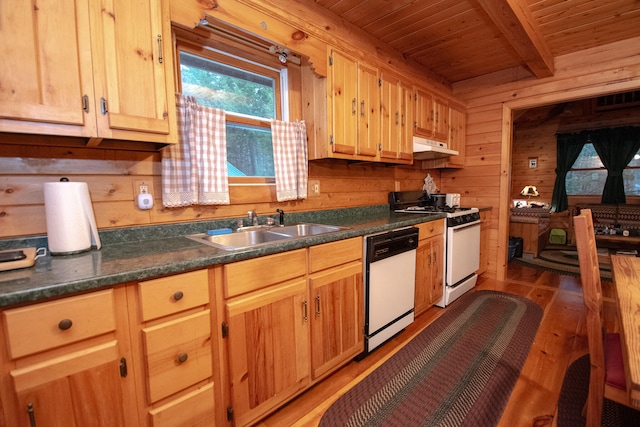 kitchen with beam ceiling, wooden ceiling, wood walls, dark wood-type flooring, and white appliances