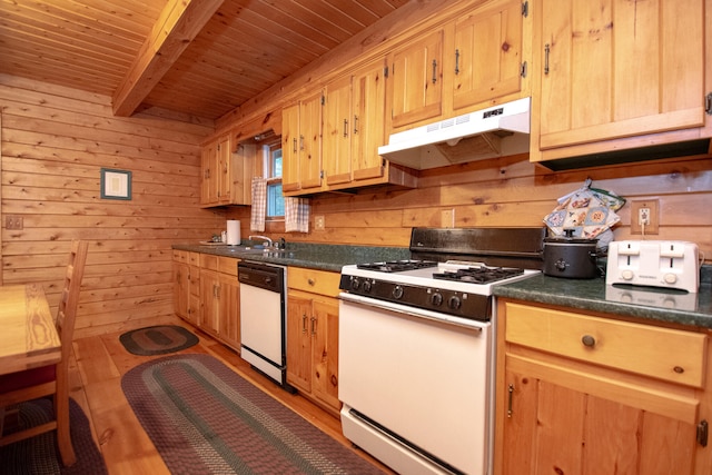 kitchen featuring wood ceiling, light wood-type flooring, white appliances, and wood walls