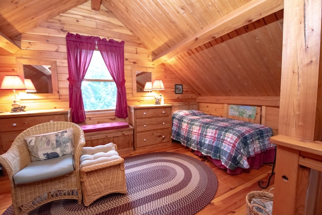 bedroom featuring wood ceiling, hardwood / wood-style floors, vaulted ceiling with beams, and wooden walls