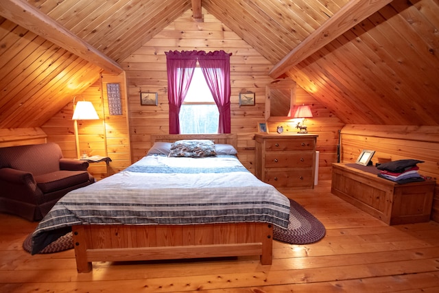 bedroom with wood walls, light hardwood / wood-style flooring, and lofted ceiling with beams