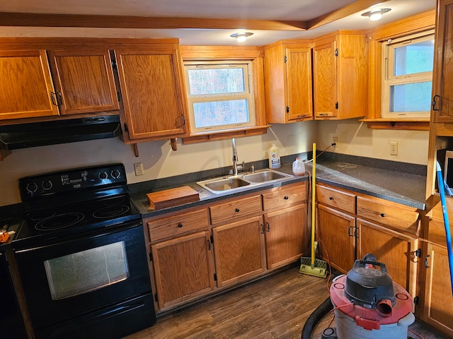 kitchen featuring dark hardwood / wood-style flooring, sink, ventilation hood, and black electric range