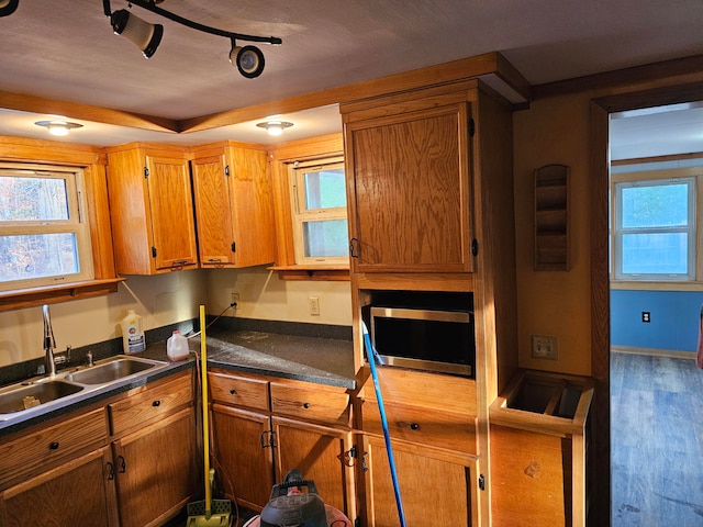 kitchen with sink, track lighting, hardwood / wood-style flooring, and plenty of natural light