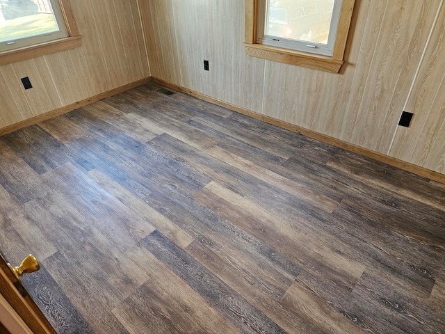 empty room featuring dark wood-type flooring, a healthy amount of sunlight, and wood walls