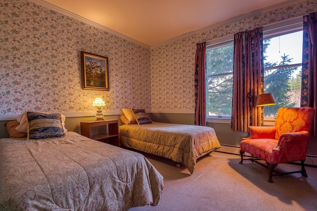 carpeted bedroom featuring baseboard heating and crown molding