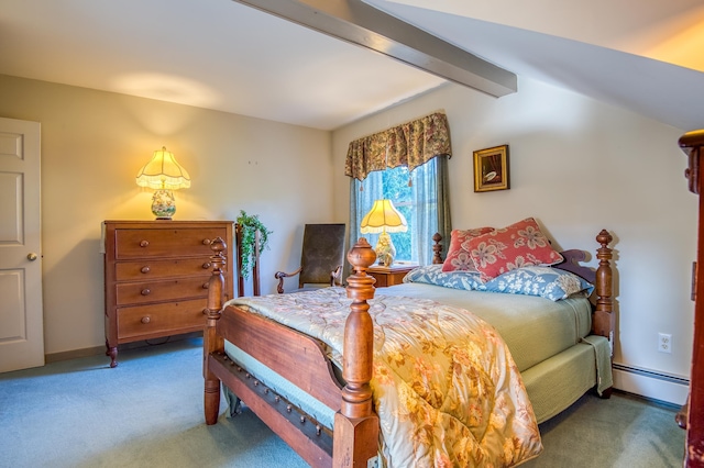 carpeted bedroom with beamed ceiling and baseboard heating