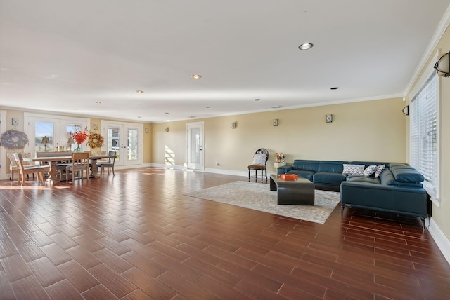 living room featuring ornamental molding, french doors, and dark wood-type flooring