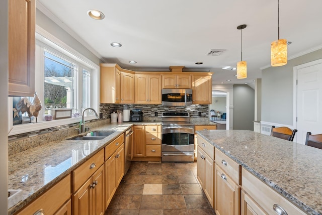 kitchen with backsplash, ornamental molding, stainless steel appliances, sink, and decorative light fixtures