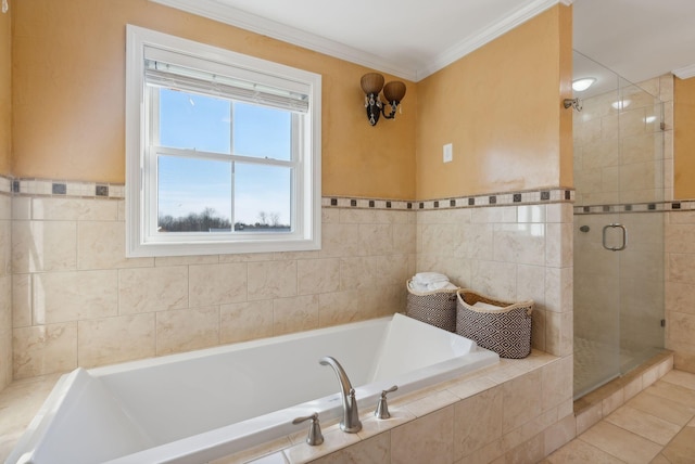 bathroom with crown molding, tile patterned floors, and shower with separate bathtub