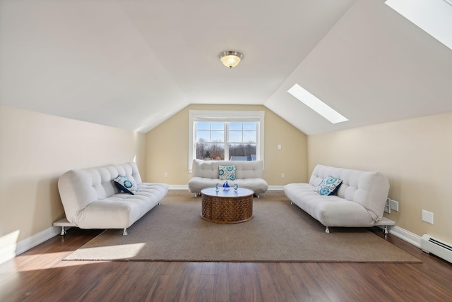 living area featuring lofted ceiling with skylight, wood-type flooring, and a baseboard radiator