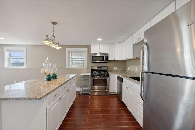 kitchen with white cabinetry, stainless steel appliances, dark hardwood / wood-style flooring, and hanging light fixtures