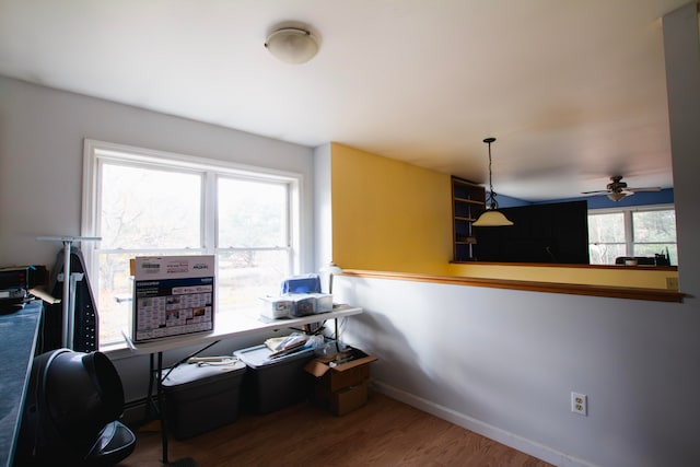 office space with hardwood / wood-style floors and ceiling fan