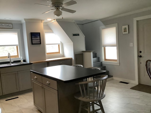 kitchen with crown molding, a healthy amount of sunlight, a center island, and ceiling fan