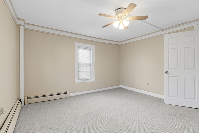 unfurnished room featuring baseboard heating, carpet flooring, and ceiling fan