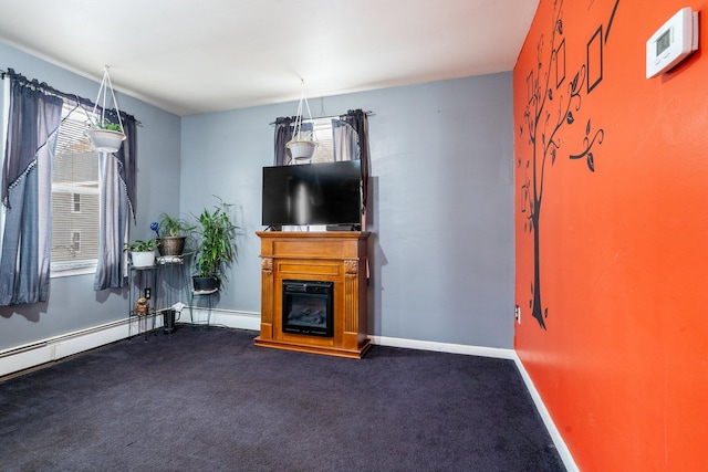 unfurnished living room featuring dark carpet and a baseboard heating unit