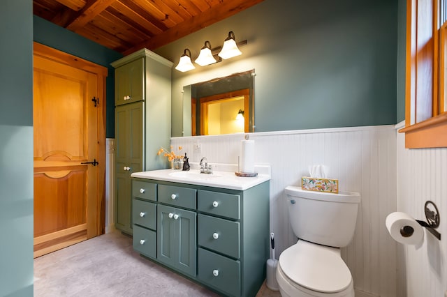 bathroom featuring beam ceiling, vanity, wooden ceiling, and toilet