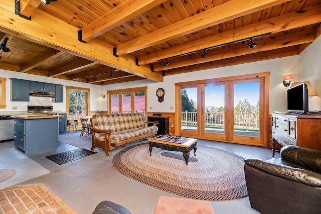 living room featuring beam ceiling, french doors, wooden ceiling, and track lighting