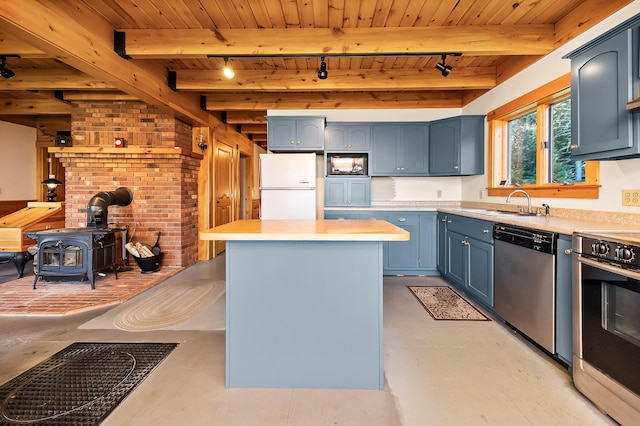 kitchen featuring stainless steel dishwasher, white fridge, range, and beam ceiling