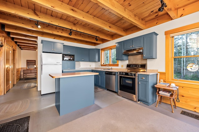 kitchen featuring black microwave, rail lighting, electric range oven, stainless steel dishwasher, and white fridge