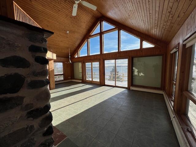 unfurnished living room with high vaulted ceiling, ceiling fan, wooden ceiling, and wooden walls