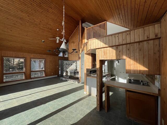 kitchen with high vaulted ceiling, wood walls, ceiling fan, and wooden ceiling